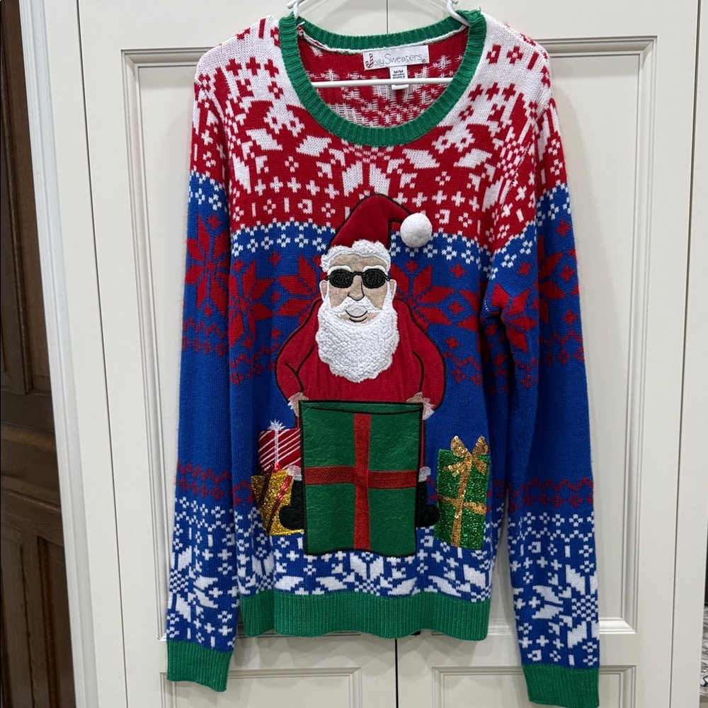 Festive Santa Crewneck Jolly sweaters in Red, Blue, and Green Medium
